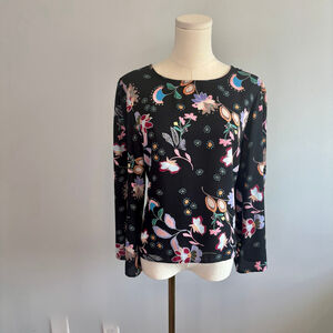 Finn & Grace Women's Black Floral Cropped Flared Sleeve Blouse, SZ M